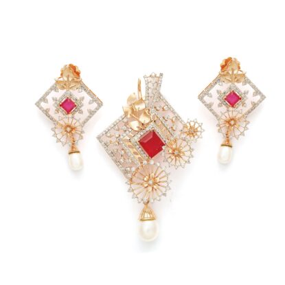 Emerald with pearl drop diamond pendant set